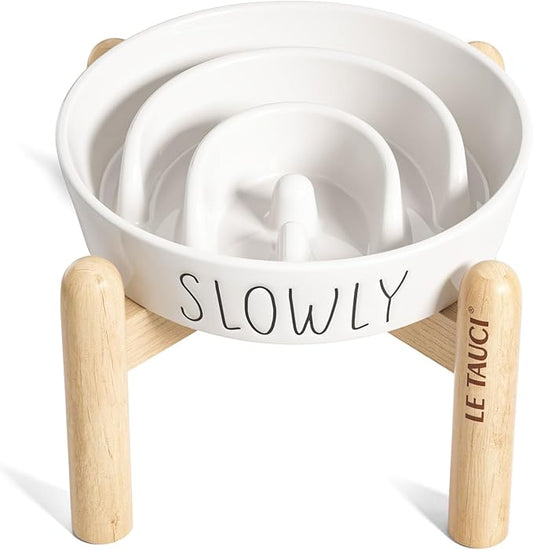Ceramic Elevated Slow Feeder Dog Bowl - 0.6 Cup Puzzle Feeder with Wooden Stand for Small Breeds, White Pet Dish