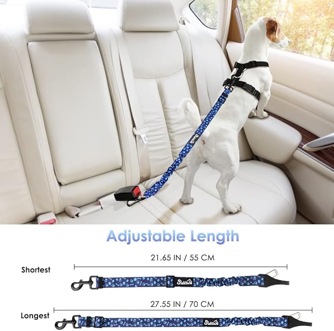 SlowTon Dog Seat Belt, Adjustable Dog Safety Belt Leash, 2 in 1 Latch Bar Attachment Dogs Car Seatbelt with Elastic Nylon Bungee Buffer, Reflective Nylon Belt Tether Connect (BL Dog Paw)