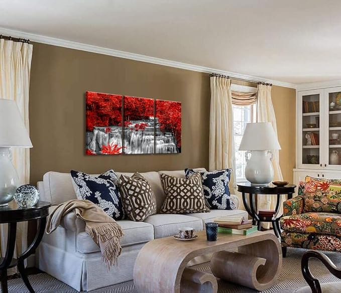 Yxbhhym Black White and Red Waterfall Canvas Wall Art Forest Paintings Waterfall Artwork for Wall Print Landscape Wall Picture for Living Room Wall Decor Large Framed Wall Art -24x48inches