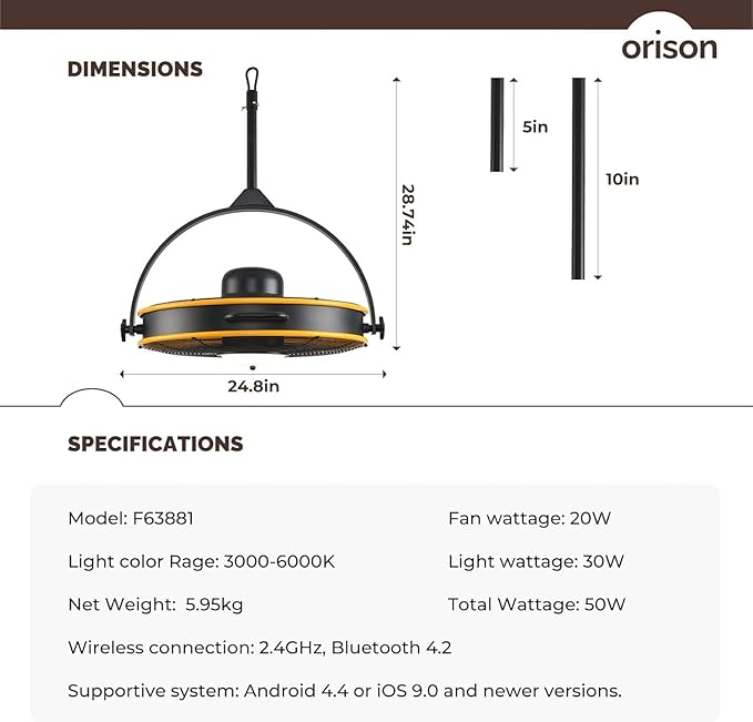 Orison 24.8'' Waterproof Outdoor Ceiling Fan, 6 Speed Ceiling Mounted Plug-In Cord Garage Fan with Remote&APP, 360-degree Manual Vertical Rotation, Hook hanging for Gazebo, Patio, Pergola (Yellow)