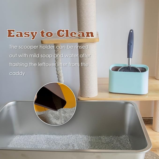 Aluminum Cat Litter Scoop in Holder, Non-Stick Cat Poop Scooper with Holder, Fast Sifting Kitten Poop Lifter and Caddy (Blue)