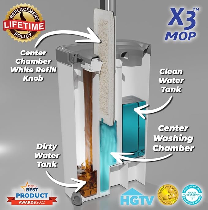 X3 Mop, Separates Dirty and Clean Water, 3-Chamber Design, Flat Mop and Bucket Set, Hands Free Home Floor Cleaning, 3 Reusable Microfiber Mop Pads Included