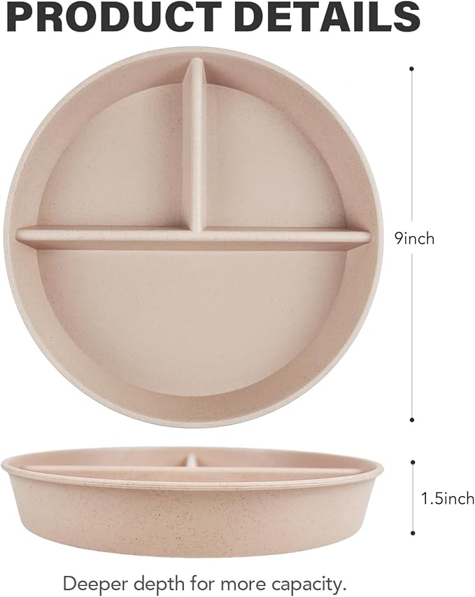 greenandlife 9 Inch 4PCS Portion Control Plates with Lids, Divided Plates for Kids Adults, Dishwasher Microwave Safe Compartment Plate, Unbreakable Lightweight Reusable Wheat Straw Plate, Earth Tone
