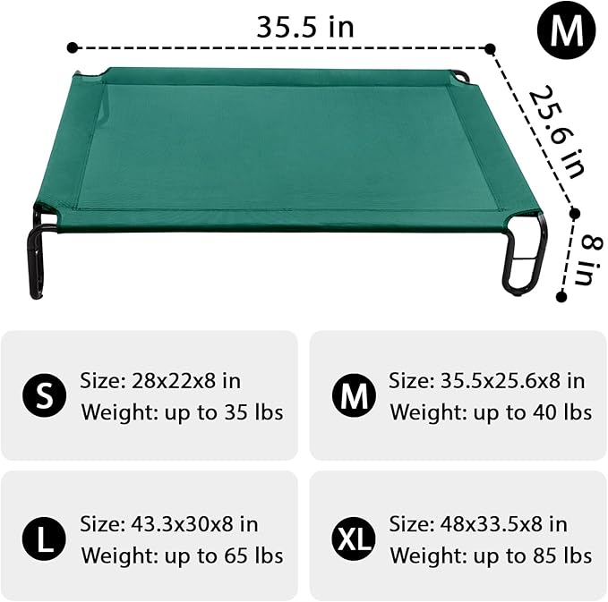pettycare Elevated Outdoor Dog Bed - Dog Cots beds for Medium Dogs, Waterproof Raised Dog Bed Easy to Assemble, Cooling Elevated Dog Bed with Teslin Mesh, Durable, Non Slip, Up to 40 lbs,Green