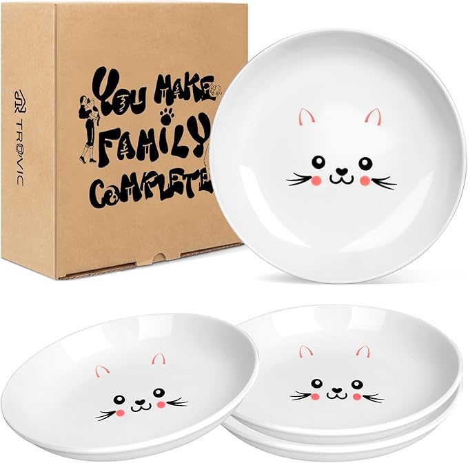TRUVIC 4 Pack Ceramic Cat Food Bowls, 5.9 Inch Ceramic Cat Dishes Set for Indoor Cats and Small Dogs, Anti Whisker Fatigue Kitten Bowls, Wide Shallow Kitten Plates for Food and Water (Cute Face)