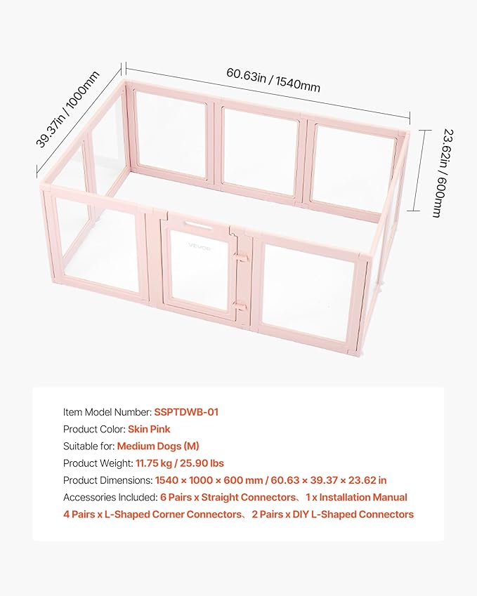 VEVOR Clear Acrylic Dog Playpen Indoor, 60x39x23 in Plastic Pet Playen for Medium Sized Dogs, Easy Assemble Waterproof Transparent Puppy Playpen, Easy to Clean, Durable Indoor Pet Dogs Cats Birth Kit