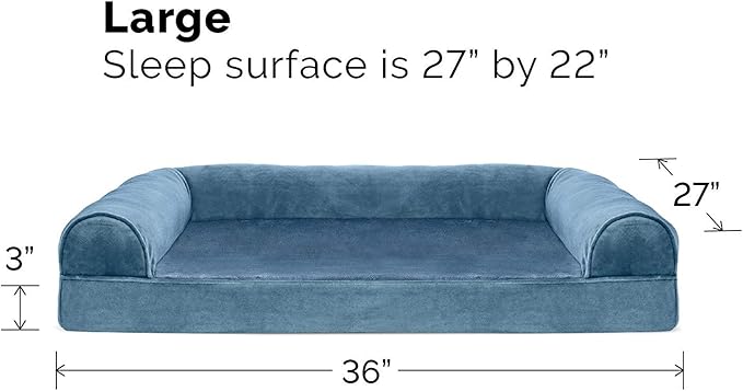Furhaven Cooling Gel Dog Bed for Large/Medium Dogs w/ Removable Bolsters & Washable Cover, For Dogs Up to 55 lbs - Faux Fur & Velvet Sofa - Harbor Blue, Large