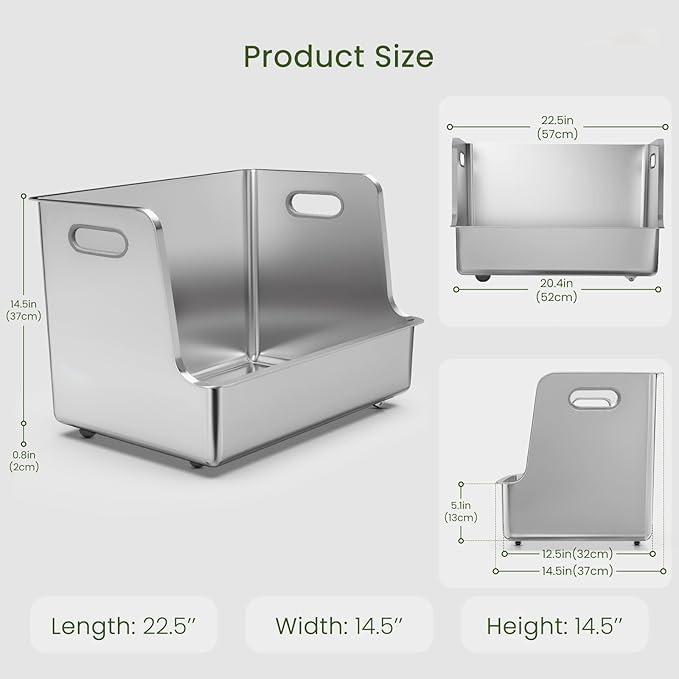 One-Piece Stainless Steel Litter Box, 14.5" High-Side XL Metal Cat Litter Box, Extra Wide Entry Pet Toilet, Cat Litter Station with Wheels, Easy to Move, Non-Stick, No Odor, for Big or Multiple Cats