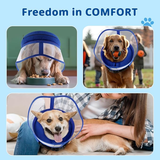 Soft Dog Cone Collar, Inflatable Donut Cones Alternative After Surgery with No-Lick Shield for Large/Medium/Small Dogs to Stop Licking, Elizabethan Neck Ecollars of Shame Comfy Pillow Recovery Blue