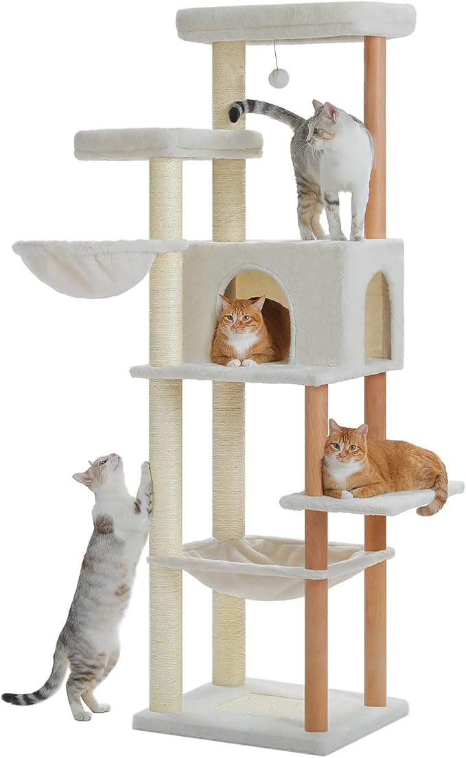 PAWZ Road Large Cat Tree, 73 Inches Tall Wooden Cat Tower with 2 Spacious Hammocks,2 Big Top Beds,8 Fully Scratching Posts and Natural Wood Posts, Multi Cat Tree for Indoor Cats Large Adult-XL