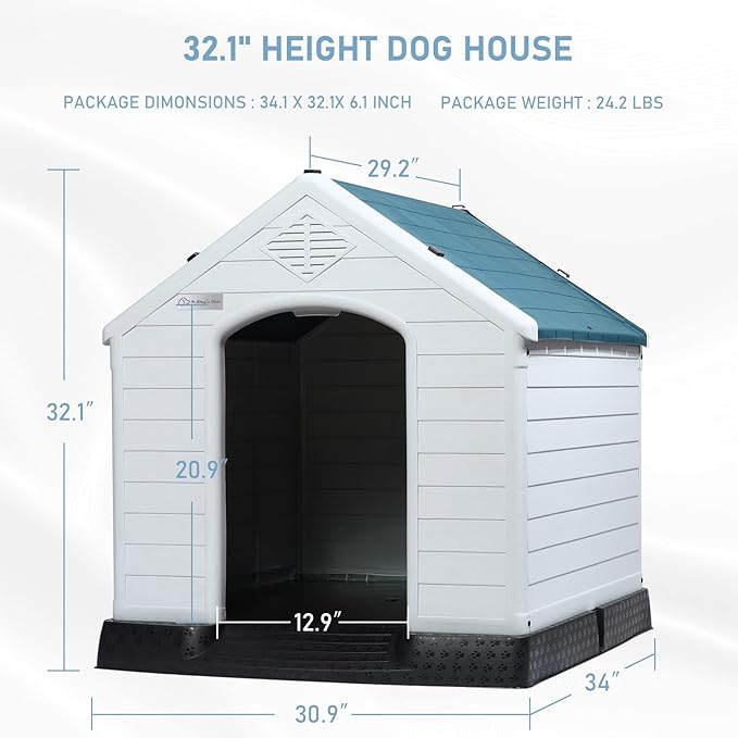LEMBERI Durable Waterproof Plastic Dog House for Small to Large Sized Dogs, Indoor Outdoor Doghouse Insulated Puppy Shelter with Elevated Floor, Easy to Assemble (Blue, 34''L*31''W*32''H)
