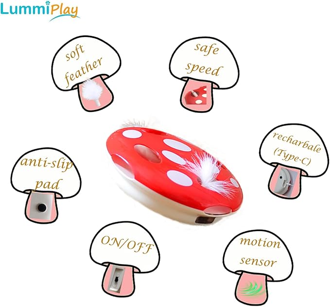Interactive Cat Toy Automatic Mushroom - Whack-a-Mole Game with Rotating Feathers for Indoor Cats, Hide & Seek Rechargeable Toys Boredom Relief Adult Kittens, Safe Chew Proof Design (Red)