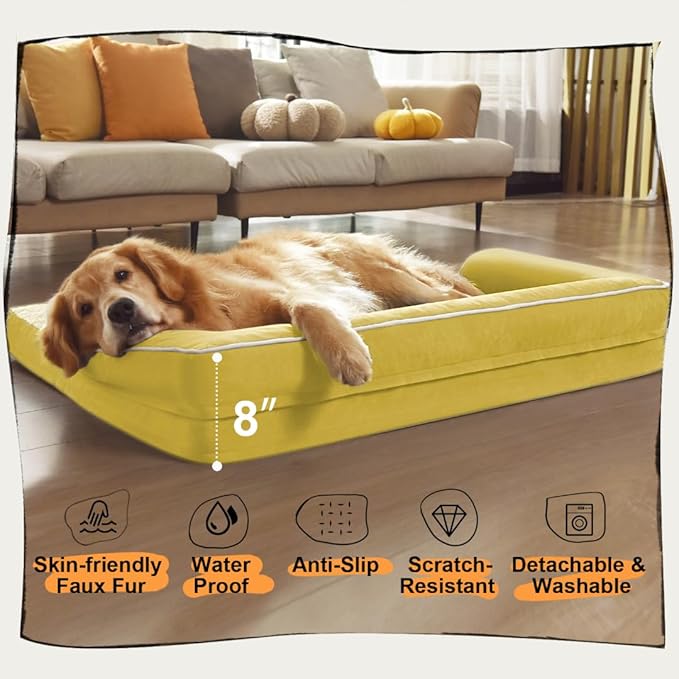 Large Dog Bed Orthopedic Washable - Waterproof with Removable Cover - Memory Foam - Beds Bolster Pet - Couch Sofa - XXXL Large Big Jumbo Dogs - Ginger Yellow Giant Dog Bed