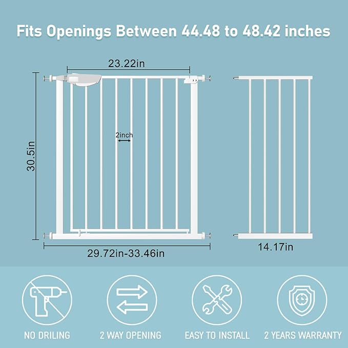 WAOWAO Triple Lock Baby Gate Extra Wide 44.48-48.42" Pressure Mounted Walk Through Swing Auto Close Safety White Metal Child Kids Dog Pet Puppy for Stairs,Doorways
