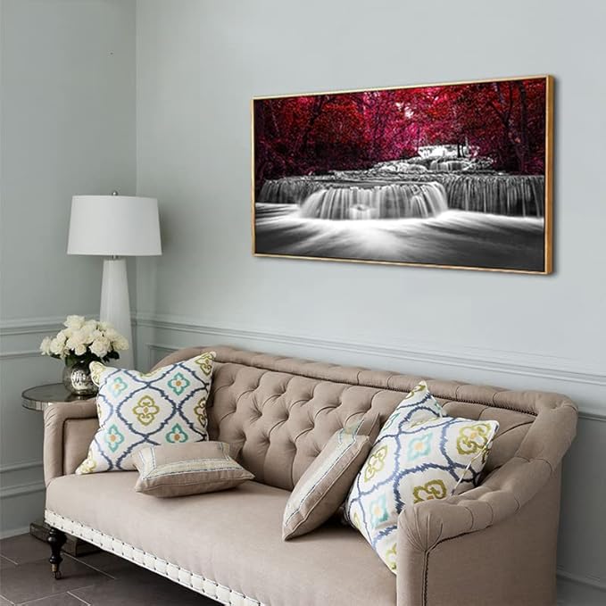 Lasdel Natural Extra Framed Canvas Wall Art of Wide Waterfall & Red Leaves Picture For Bedroom,Burgundy Nature Black White Artwork Decor,Beautiful Maple Leaves Landscape Print Painting,30x60