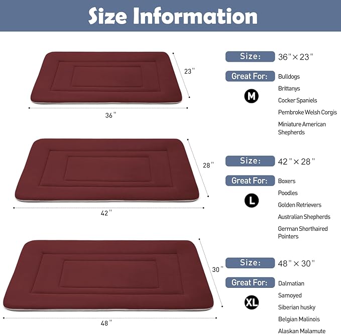 JoicyCo Soft Dog Crate Bed Pad Mat, 42 in Non-Slip Bottom Washable for Large Dogs, Pet Mattress Kennel Pad, Dark Red
