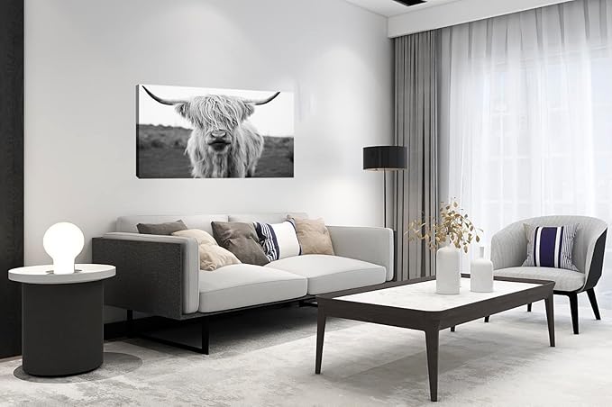 XXMWallArt FC3662 Highland Cow Canvas Art - Black and White Animal Wall Decor for Living Room, Bedroom, Office
