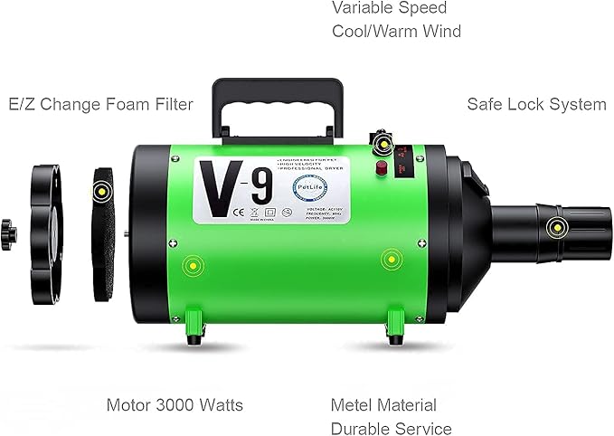 PetLife Professional 5.2HP Dog Dryer with Heater, high Velocity Dog Hair Dryer, Low Noise Grooming Blower for Dogs, Adjustable Pet Force Dryer for Home and Salon Use