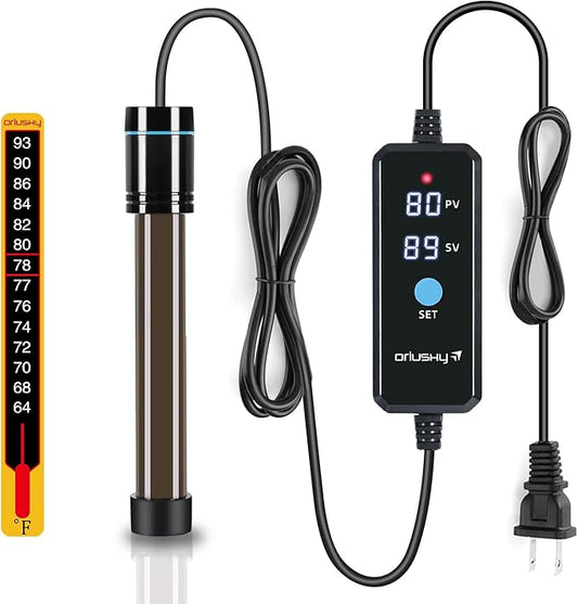 Orlushy 100W Submersible Aquarium Heater, Adjustable Fish Tank Heater with Digital Display External Controller, Overheat Protection and Free Thermometer for 10-20 Gallon Freshwater and Saltwater Tank