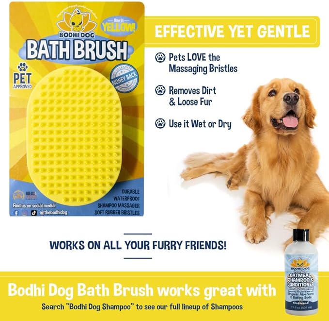 Bodhi Dog Shampoo Brush - Pet Grooming & Bath Supplies for Dogs and Cats - Bath Brush for Long & Short Hair - Premium Scrubber for Shower, Bathing & Massage (One Pack, Yellow)