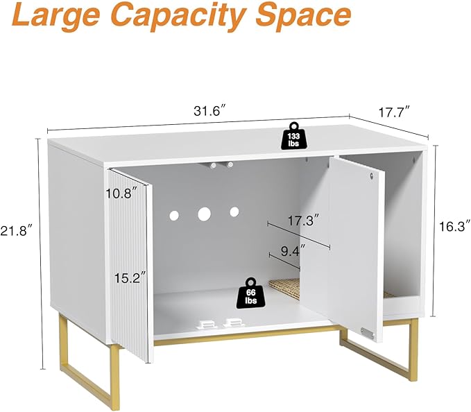 Cat Litter Box Enclosure, Fluted Hidden Litter Box Furniture with Scratch Pad and Metal Legs, Modern Enclosed Cat Cabinet, 31.5 x 17.7 x 21.7 Inches Indoor Pet House for Living Room, Washroom, White