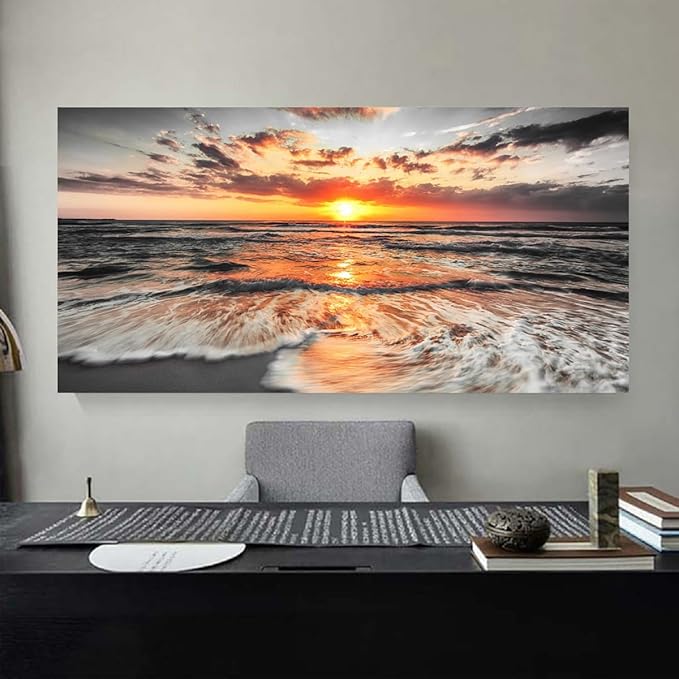 Yxbhhym-Large Pictures for Living Room Wall Decor Beach Wall Art Black and White Ocean Room Decor Sunset Canvas Prints Art Seascape Prints Poster Painting for Bedroom Wall Art Home Office Decoration