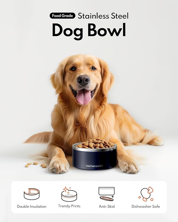 HomeRunPet Dog Bowls, Durable Dishwasher Safe Double Wall Metal Insulated Stainless Steel Food Water Bowls with Non-Slip Rubber Base, Ideal for Small Medium and Large Dogs (32oz, Navy)