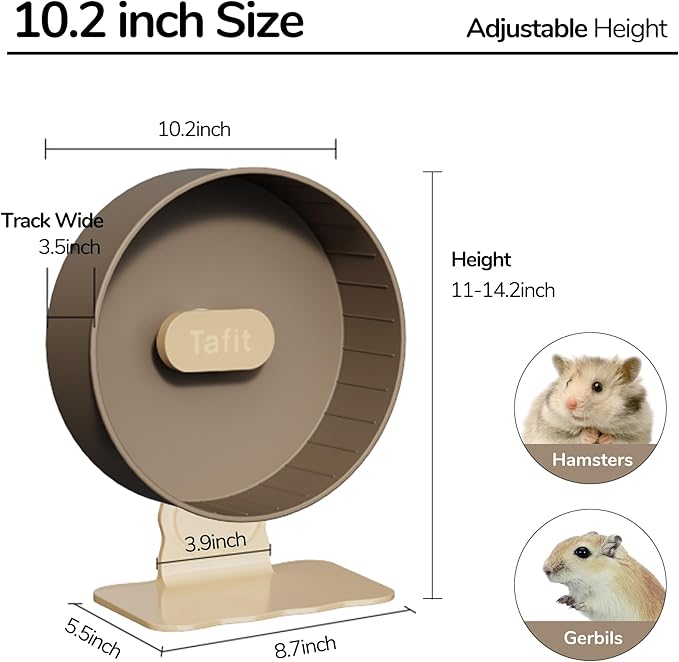 Quiet Hamster Wheel 10.2 Inch Dual-Bearings Silent Small Animals Running Exercise Wheel Height Adjustable for Syrian Hamsters, Gerbils, Rats, or Other Small Pets, Nut Brown