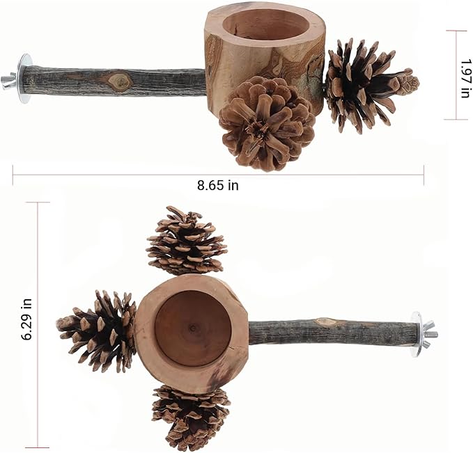 Bird Perch with Safe Bowl Wood & Pinecones - Bird Toys Chew Toys 100% Natural & Durable for Cockatiel, Conure, Budgie, Lovebird, Parakeet - Birdcage Accessory for Foraging & Oral Health