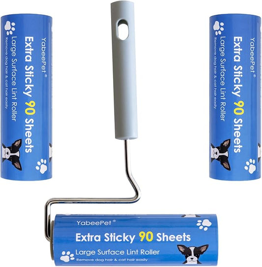 Extreme Sticky Large Surface Lint Roller, 6.3'' Giant Pet Hair Remover Roller for Pet Dog Cat Hair, Clothes&Furniture Cleaning, 90 Sheets (1 Roller + 2 Refills)