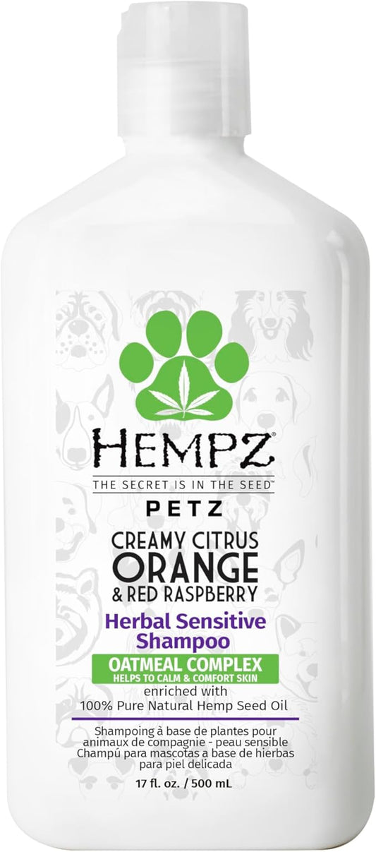 Hempz Petz, Sensitive Dog Shampoo, Oatmeal Complex to Soothe, Creamy Citrus Orange & Red Raspberry Herbal Sensitive Shampoo 17 oz.