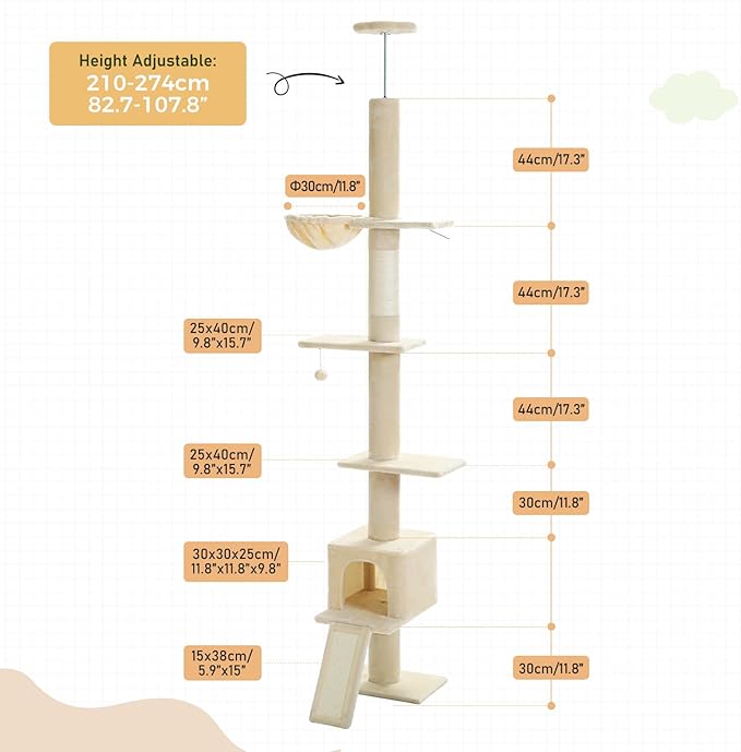 PEQULTI Floor to Ceiling Cat Tree, Tall Cat Tower, Adjustable Height (83''-108'') 5 Levels Climbing Tree for Indoor Cats with Cat Condo, Cozy Hammock and Scratching Post, Beige