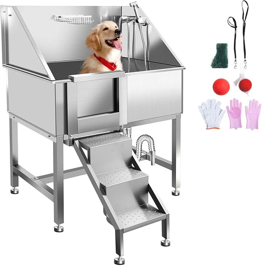 Dog Washing Station 38'' Stainless Steel Pet Grooming Tub for Large Dogs Over-Size Professional Dog Grooming Bathtub Station Wash Shower Sink Pet Grooming Bathtub Station,Left Door
