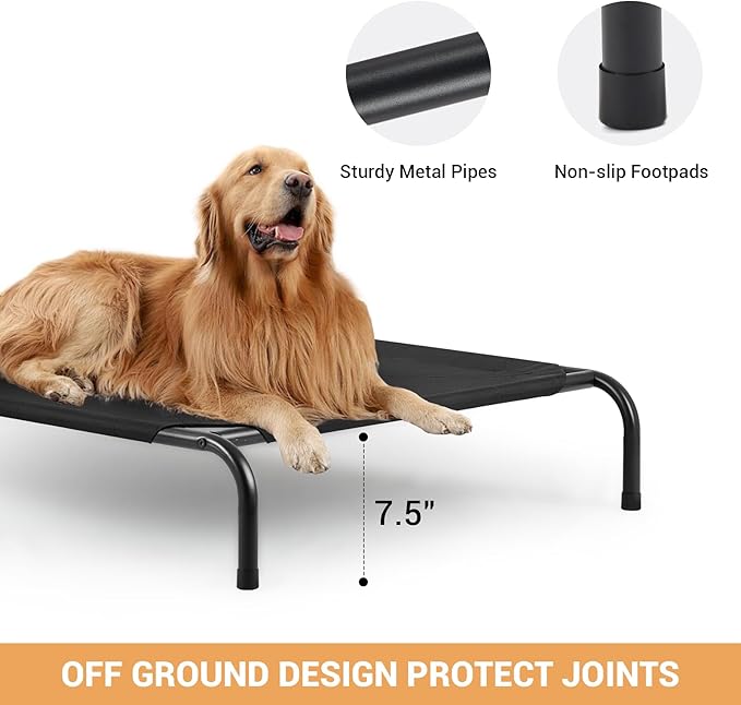 Outdoor Elevated Dog Bed, Cooling Breathable Raised Dogs Cot Beds for Large Dogs, Outside Portable Pet Hammock, Black Metal Frame, Skid-Resistant Feet, Easy Clean, Indoor Outdoor Use,51.1×31.5×7.4 in
