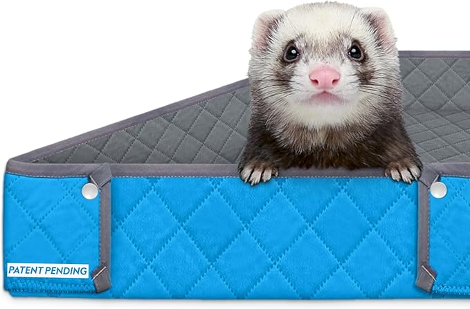 Paw Inspired Critter Box Washable Cage Liner, Reversible Fleece Bedding with Raised Sides for Ferrets, Guinea Pigs, Rats, Chinchillas, and Other Small Animals (Critter Nation/Ferret Nation, Gray/Blue)