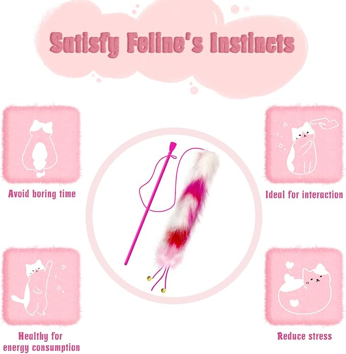 4 Pack Cat Wand Toy, Rainbow Cat Feather Toys with Bells, Teaser Wand with Soft Furry Tail, Interactive Toys for Indoor Cats & Kitten & Kitty