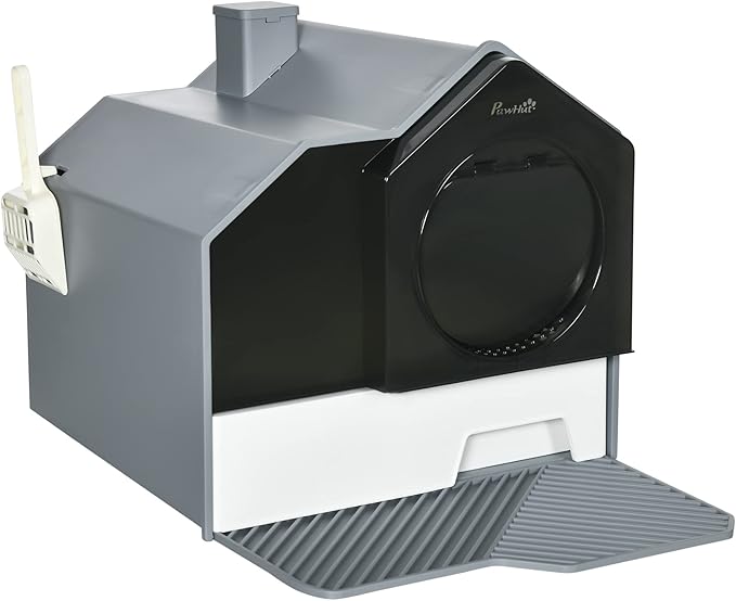 PawHut Hooded Cat Litter Box with Kitty Litter Mat, Kitty Litter Pan with Odor Control, Easy-Clean Pull-Out Drawer, Handle, Scoop, Gray