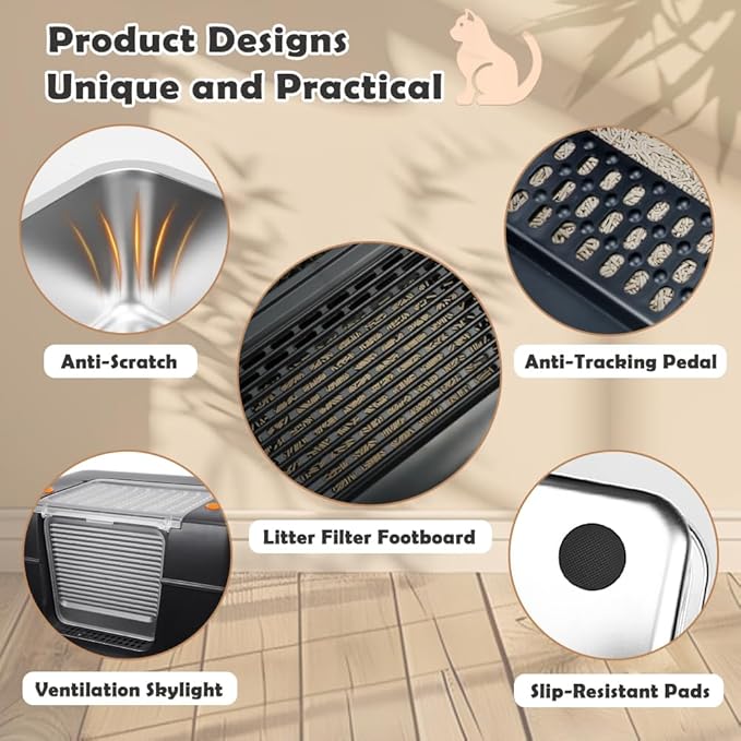 Vivifying Stainless Steel Litter Box, XL Side Entry Extra Large Litter Box with Lid for Big Cats & Kitty, Removable Enclosed Metal Cat Pan with High Sided Enclosure, Scoop, Mat, Footboard (Black)