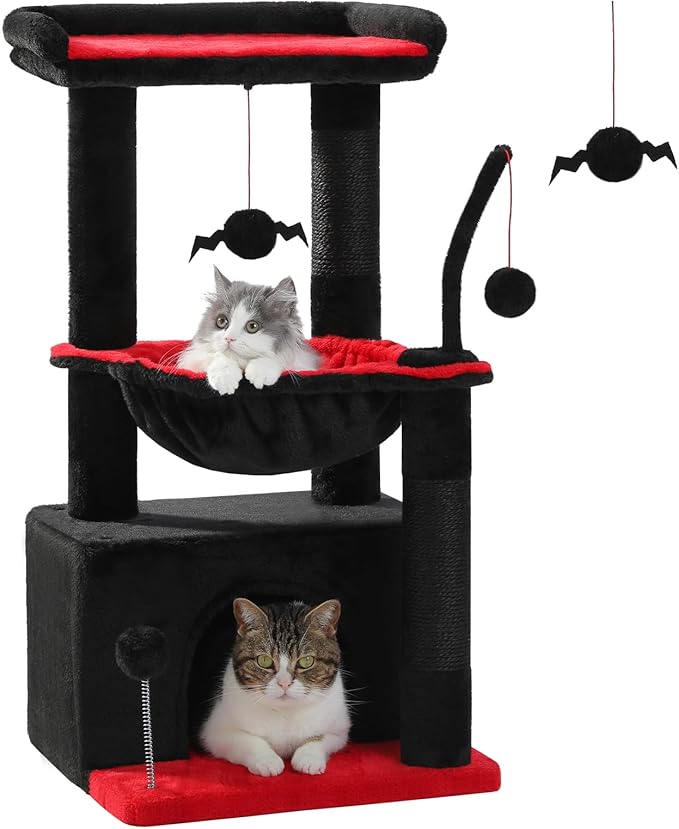 PEQULTI 4-in-1 Gothic Cat Tree, 33'' Cat Tower for Indoor Cats with Large Condo, Cat Scratching Post for Cats with Deep Hammock& Cozy Top Perch,Black