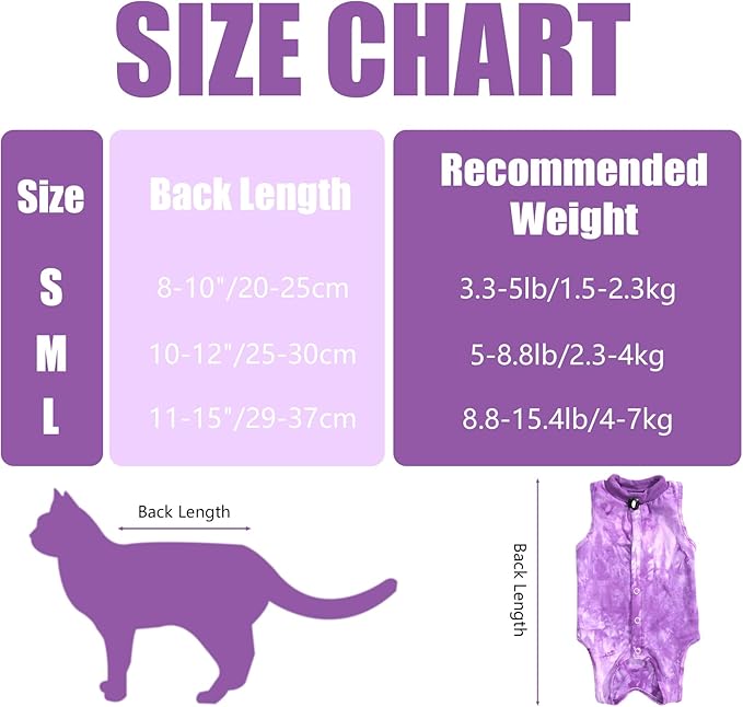 Cat Recovery Suit for Male and Female Surgical Post Surgery Soft Cone Onesie Tie Dye Cats Shirt Clothes Neuter Licking Protective Diapers Outfit Cover Kitten Spay Collar Alternative(Purple, M)
