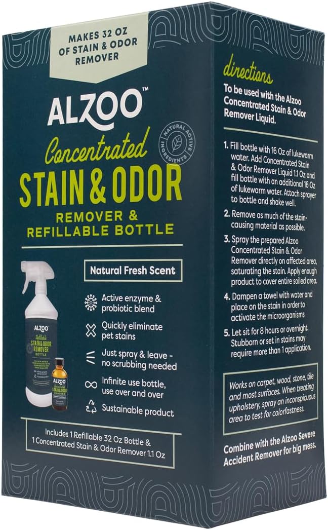 Concentrated Stain & Odor Remover Bundle Bottle Set, Includes 32 Fl. Oz Refillable Bottle & 1.1 Oz. Concentrated Stain & Odor Remover, 100% Plant-Based Active Ingredients