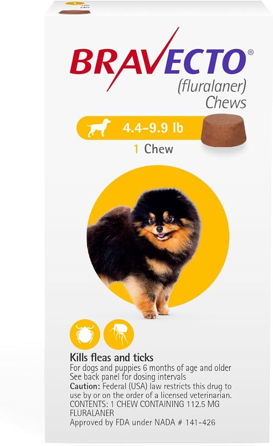 BRAVECTO Chew for Dogs, Flea & Tick, 1 Chew, 12 Week Supply, 4.4-9.9 lbs., Yellow Box