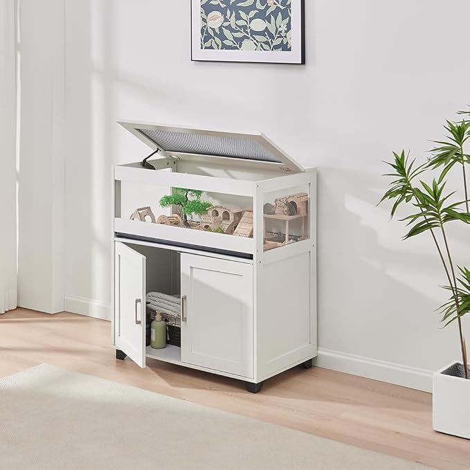 unipaws Hedgehog Cage with Storage Cabinet, Hamster Cage for Rat and Guinea Pigs, Clear Transparent PVC Visual Small Animal Cage with Tray, Hamster Enclosure, White