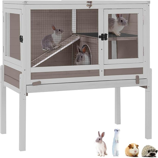 GUTINNEEN Rabbit Hutch Guinea Pig Cages Indoor with Stand Wooden Small Animals Cage Hutch Hamster Cage with Hideout,Pull Out Tray, Anti Chew Ramp(Brown)