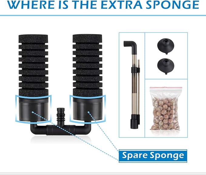 hygger Sponge Filter, Aquarium Filter Double Sponge Replaceable Media with 4 Biochemical Sponges and 1 Bag of Filtered Ceramic Balls Ultra Quiet Filter Fish Tank (S/M) (M for 15 to 55 Gallon Tank)
