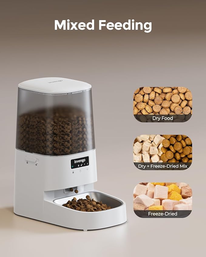 Cat Feeder Automatic - Cat Food Dispenser MeowServe S20, Auto Dog Feeder with Stainless Steel Bowl, 5L Pet Feeder with Patented Anti-Jam Port, App, Dual Lock Lid, Dual-Band WiFi & Power, White