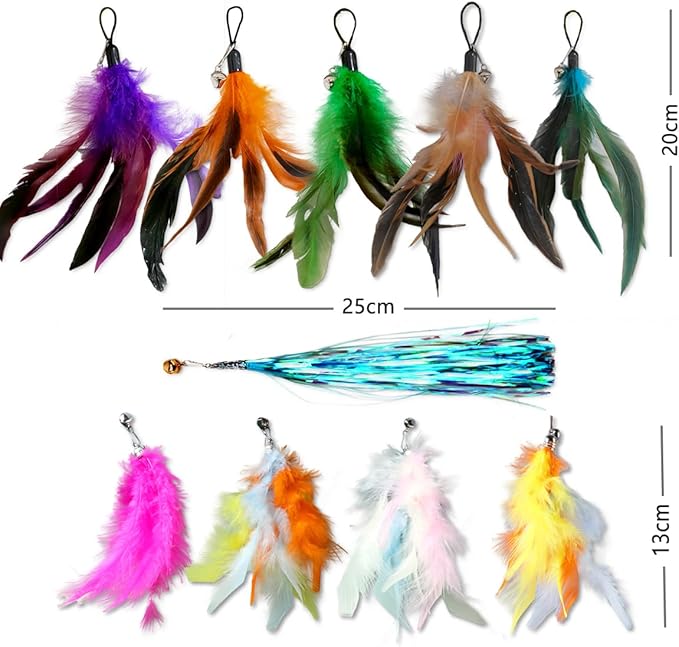 LogFaadCoi 10-Pack of Vibrant Feathered Cat Toy Refills: Perfect Wand Attachments for Indoor Cats, Enhance Your Pet's Playtime with These Exciting Replacement Feather Cat Toys