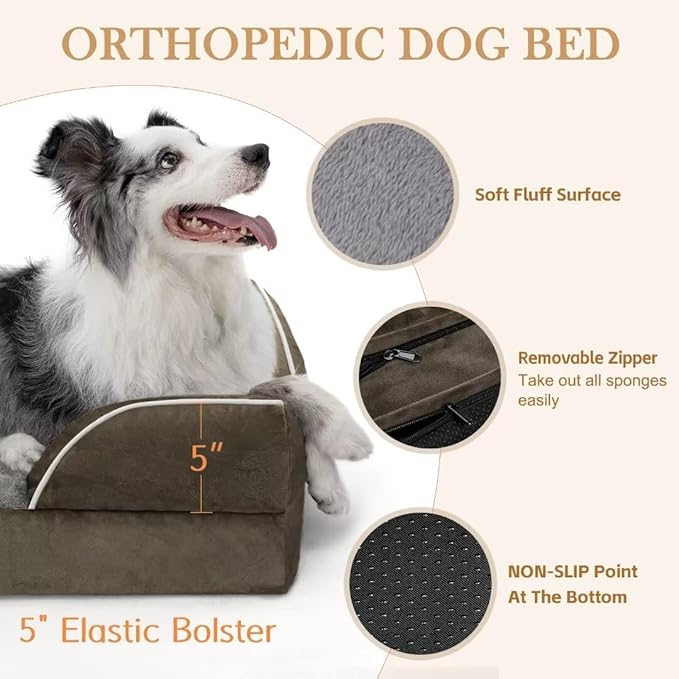 Comfort Expression Orthopedic Dog Beds for Extra Large Dogs, Memory Foam Dog Beds Jumbo Breed, Waterproof Dogs Beds with Bolster & Removable Cover(Olive Green)