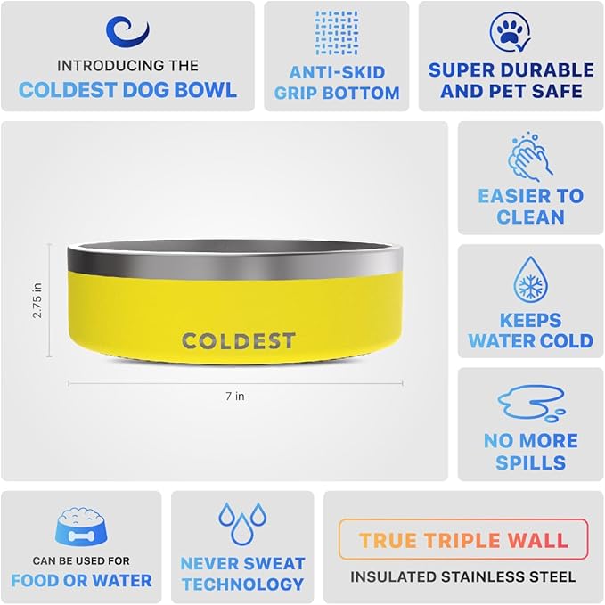 Coldest Dog Bowl - Anti Rust Metal, Non Slip, 3 Layers Insulated Stainless Steel Dog Bowls - Spill Proof & Heavy Duty - Water Bowl for Dogs, Cats & Pets, Dish Washer Safe (42 oz, Solar Yellow)
