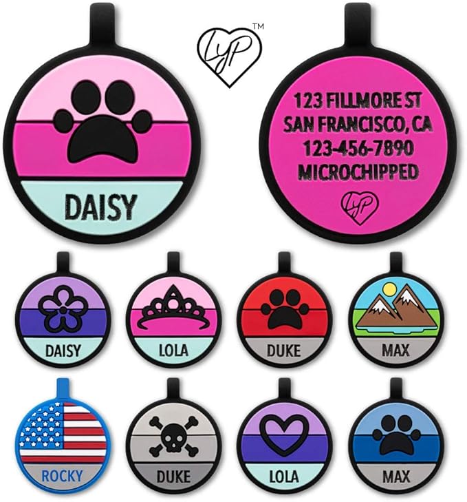 LYP Original Soundless Pet ID Tags | Custom Dog Tags Personalized for Pets | Durable Silicone Deep Engraved Dog Tag | No More Jingling | Pink Paw